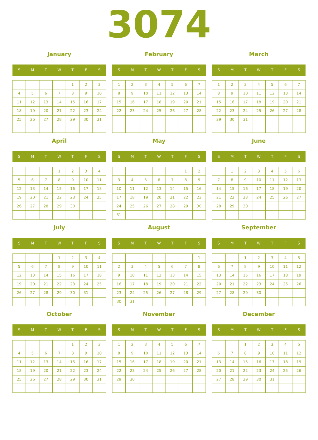 Printable 3074 Year Calendars chartreuse