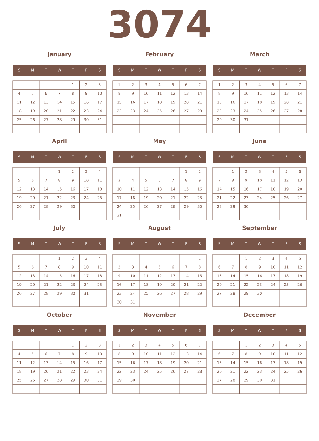 Printable 3074 Year Calendars coffe