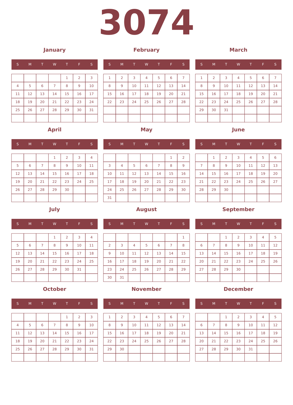 Printable 3074 Year Calendars cordovan