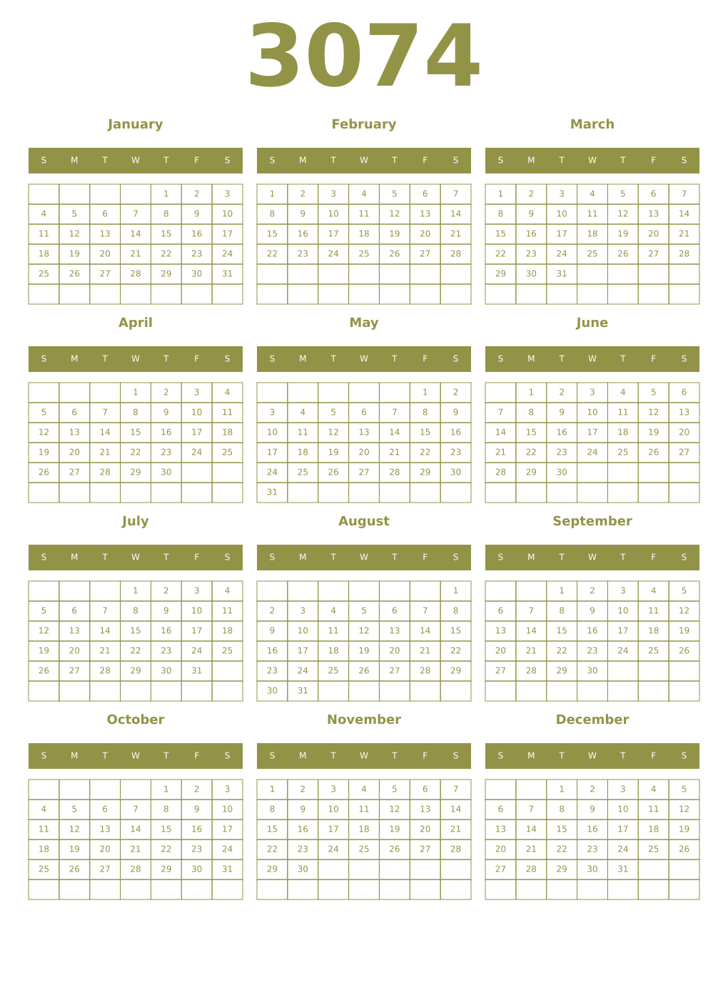 Printable 3074 Year Calendars eburnean