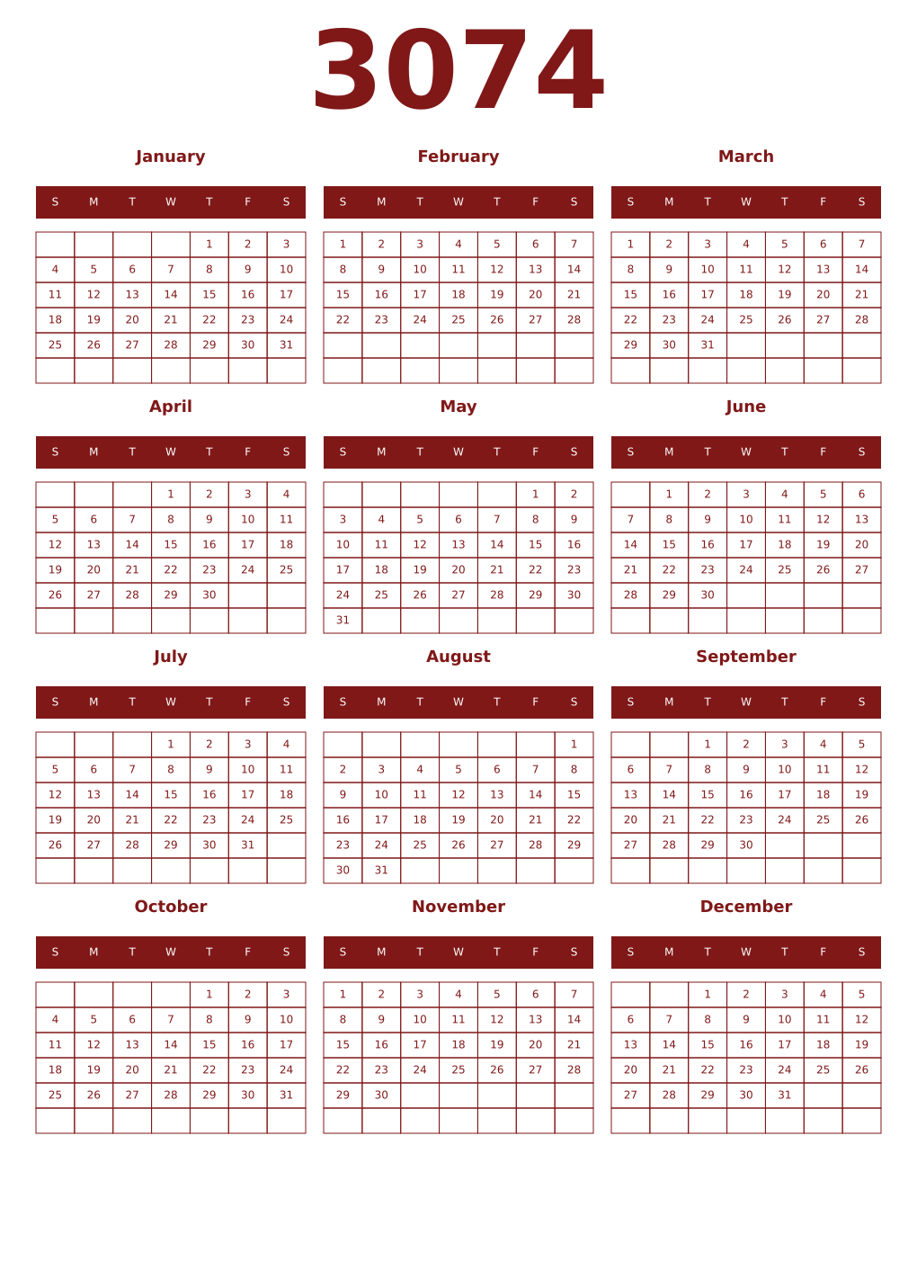 Printable 3074 Year Calendars falu