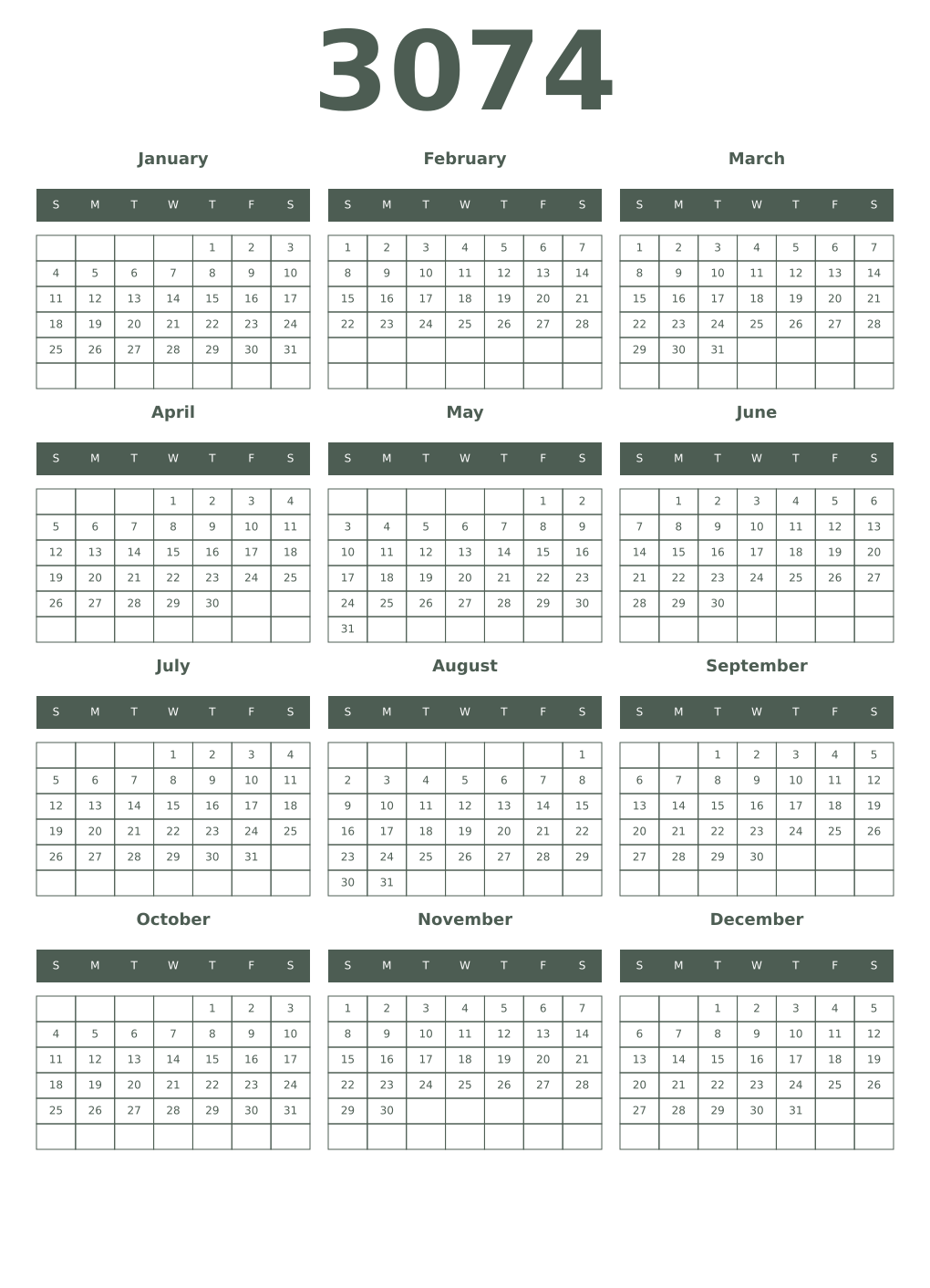 Printable 3074 Year Calendars feldgrau
