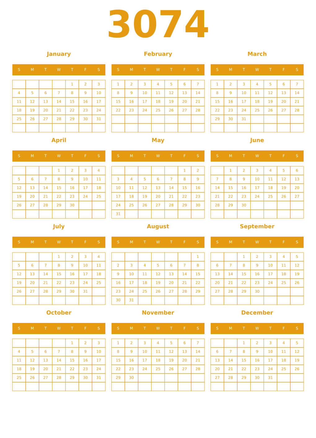 Printable 3074 Year Calendars gamboge