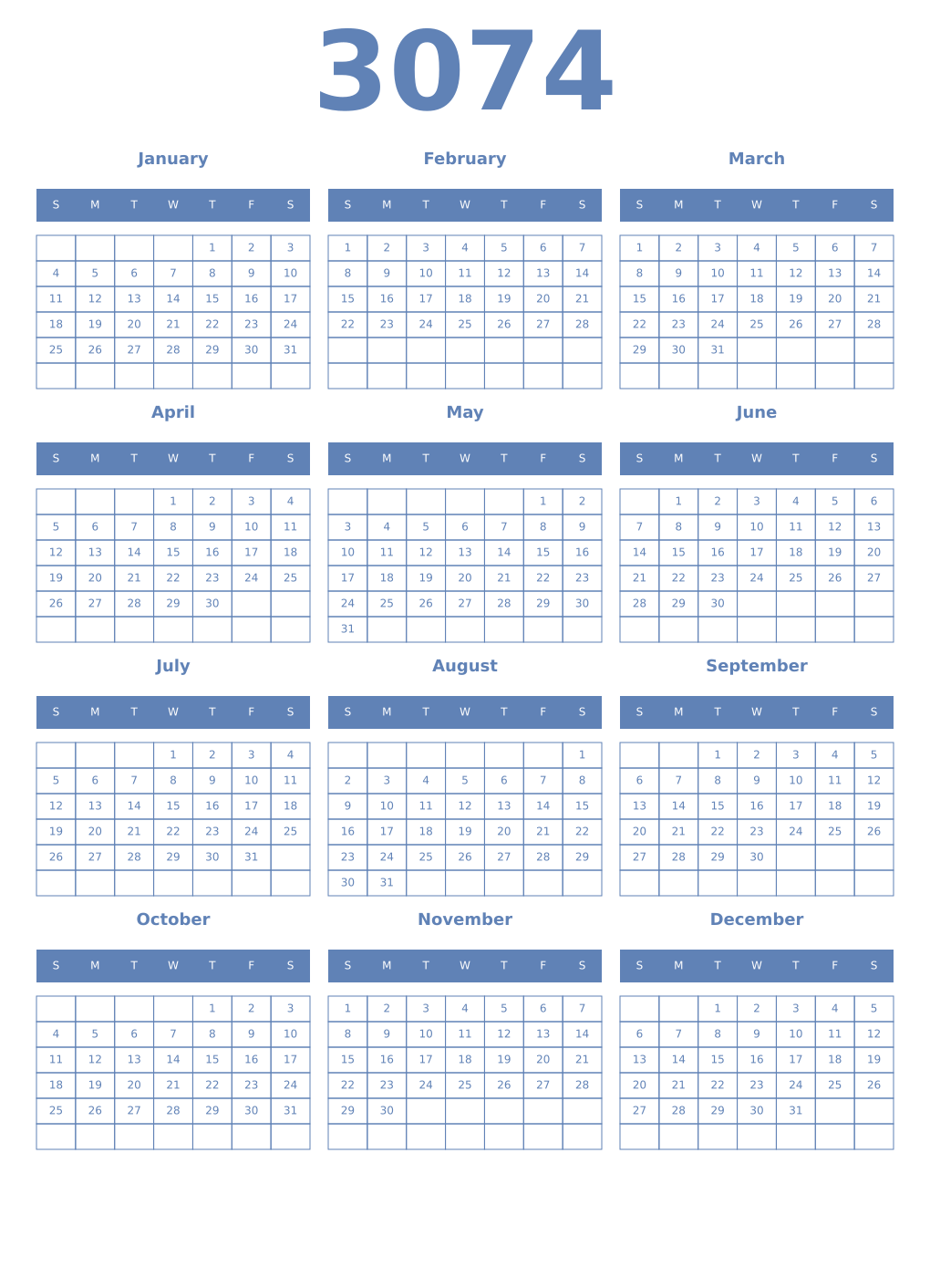 Printable 3074 Year Calendars glaucous