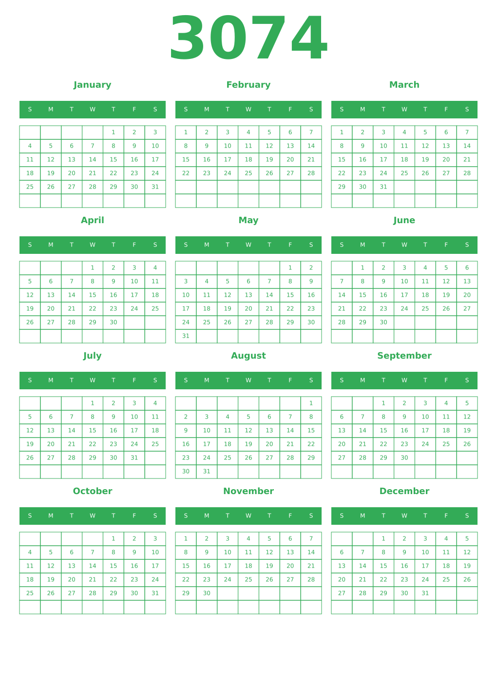 Printable 3074 Year Calendars green