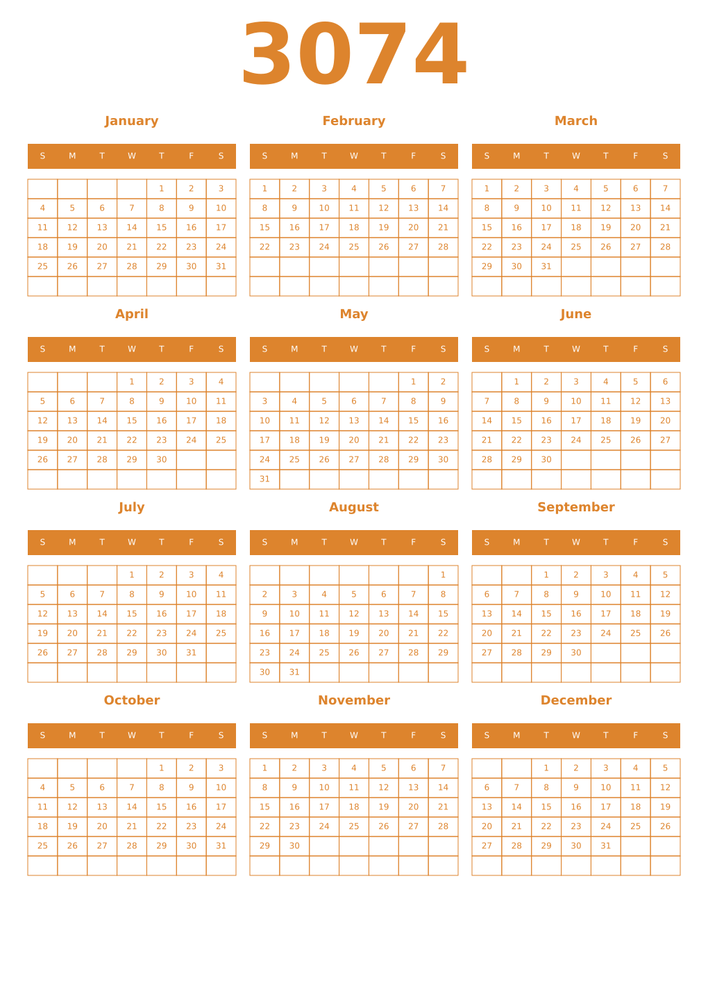Printable 3074 Year Calendars orange