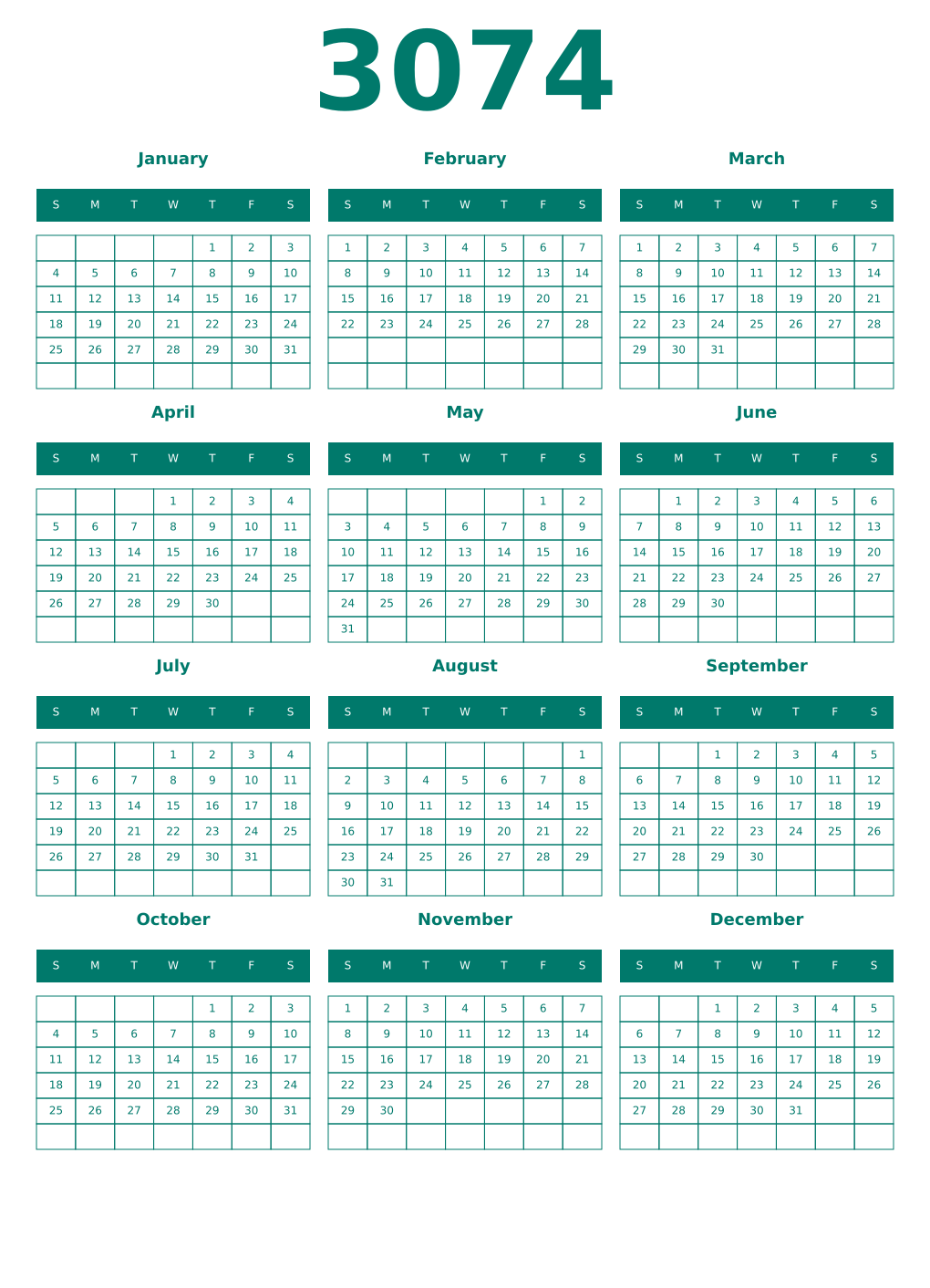 Printable 3074 Year Calendars pastel