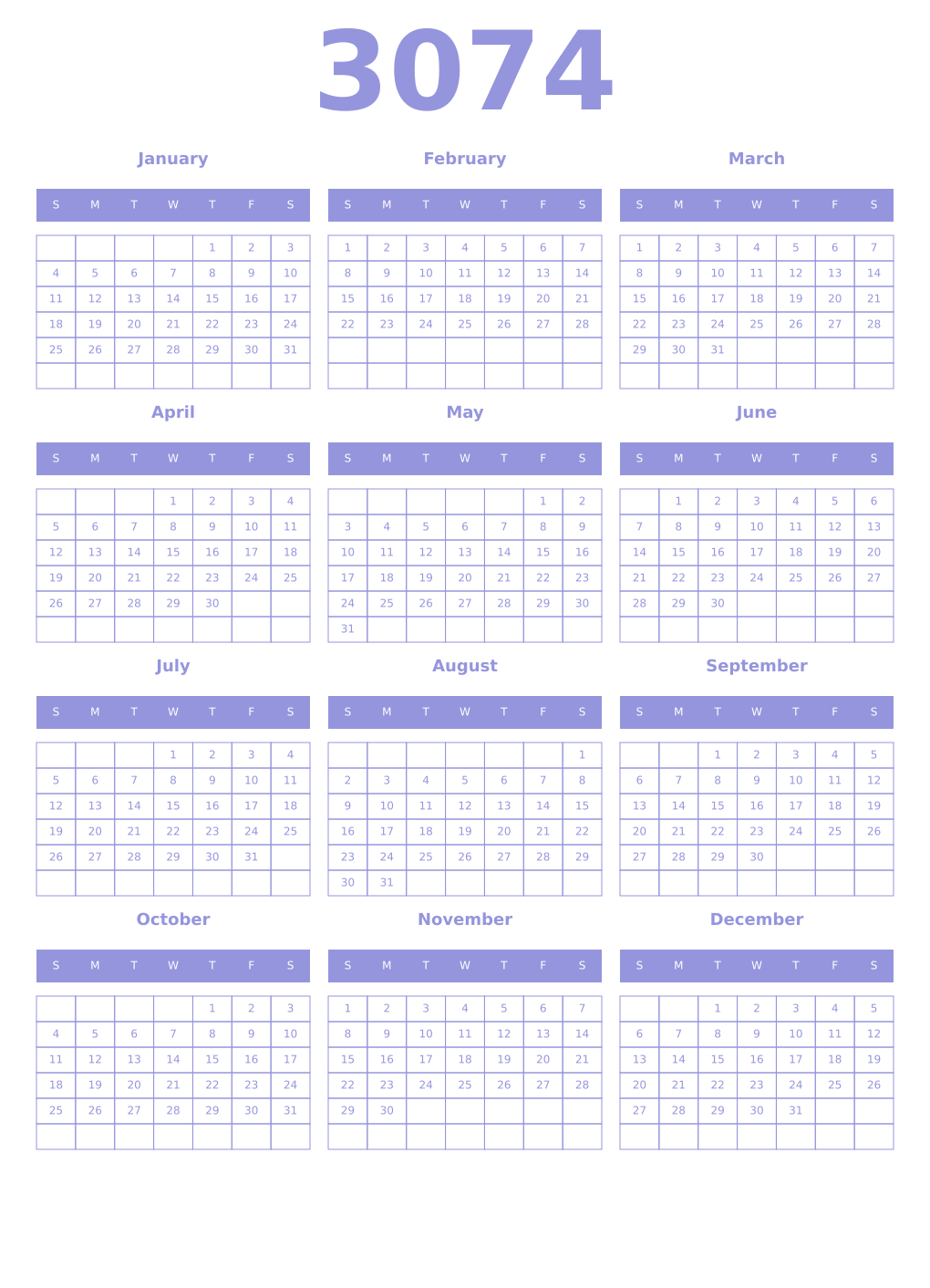 Printable 3074 Year Calendars periwinkle