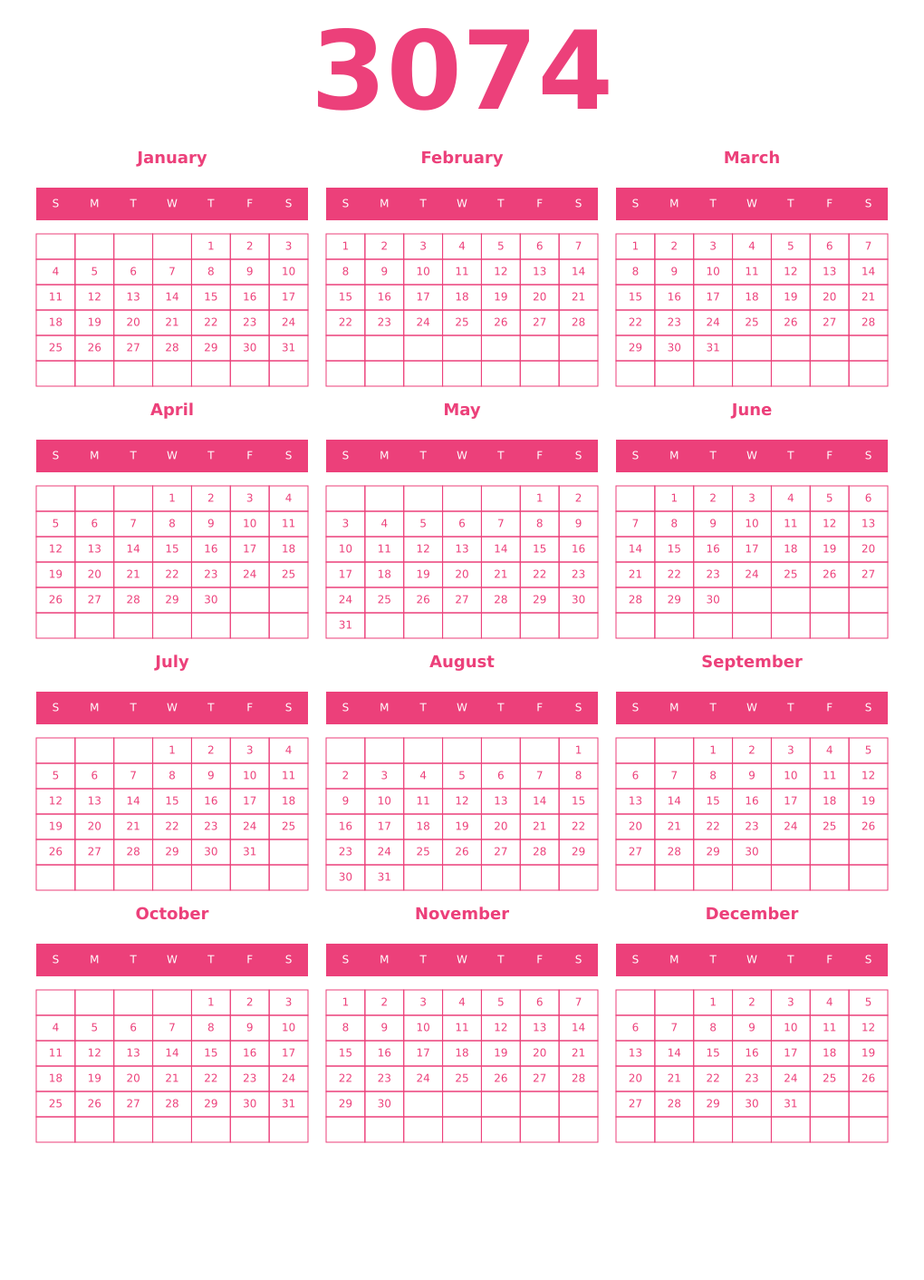 Printable 3074 Year Calendars pink