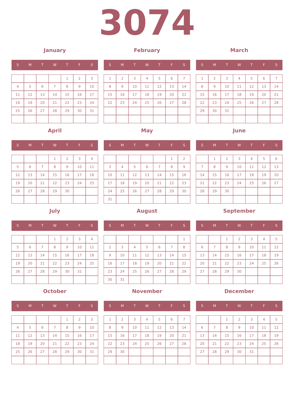 Printable 3074 Year Calendars puce