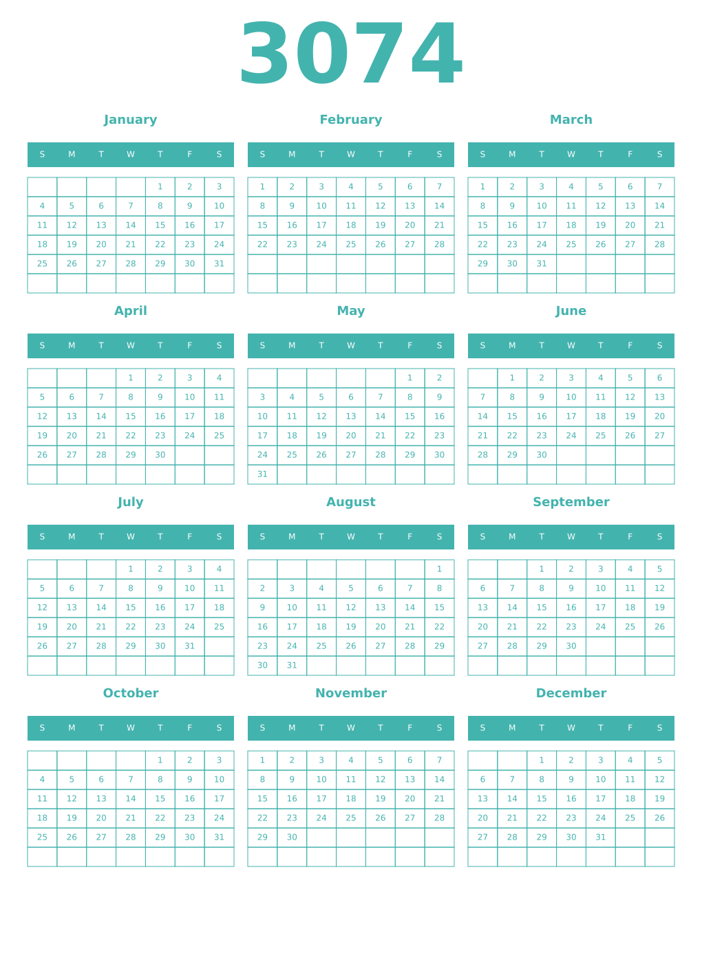 Printable 3074 Year Calendars verdigris