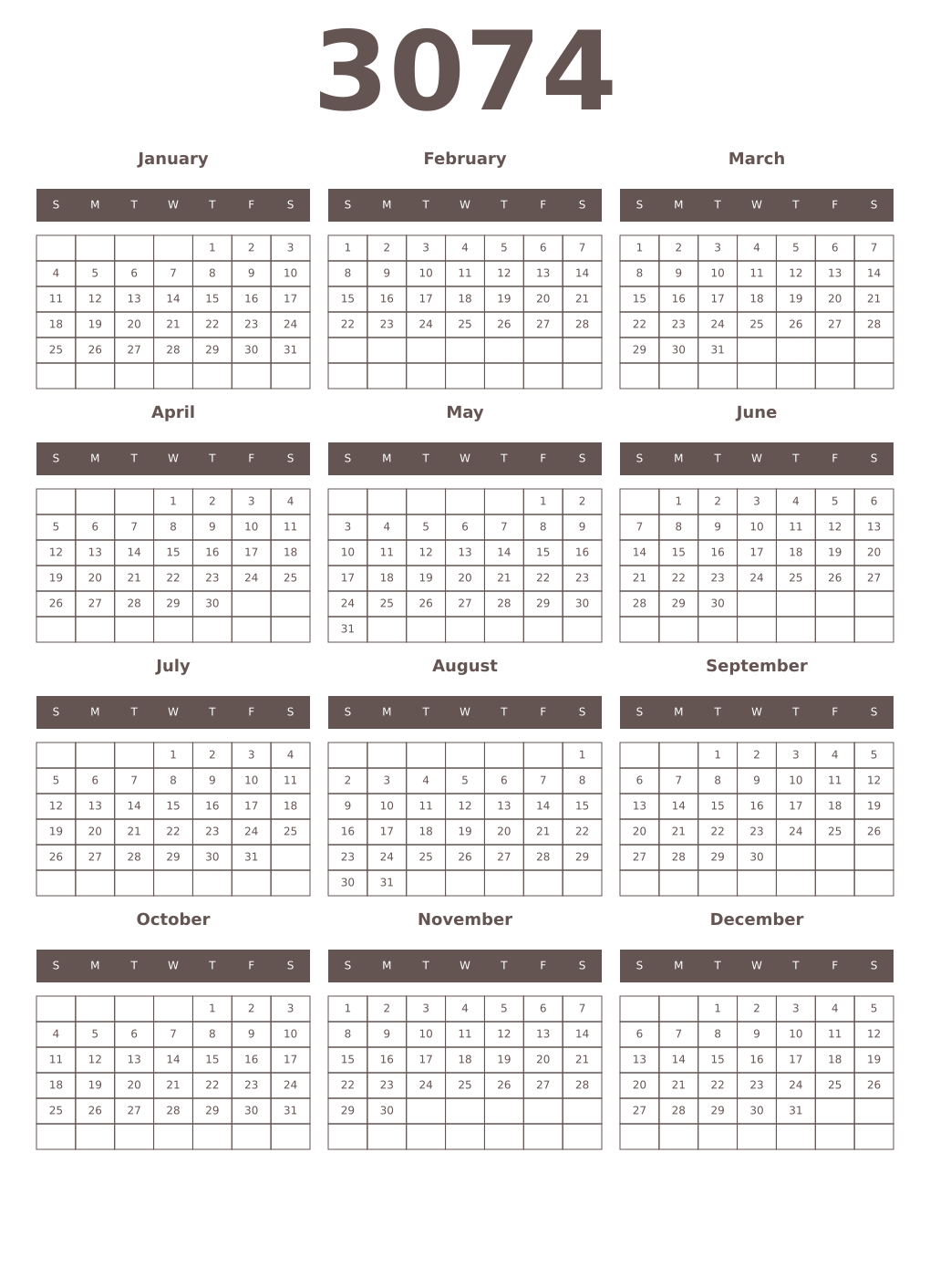 Printable 3074 Year Calendars wenge