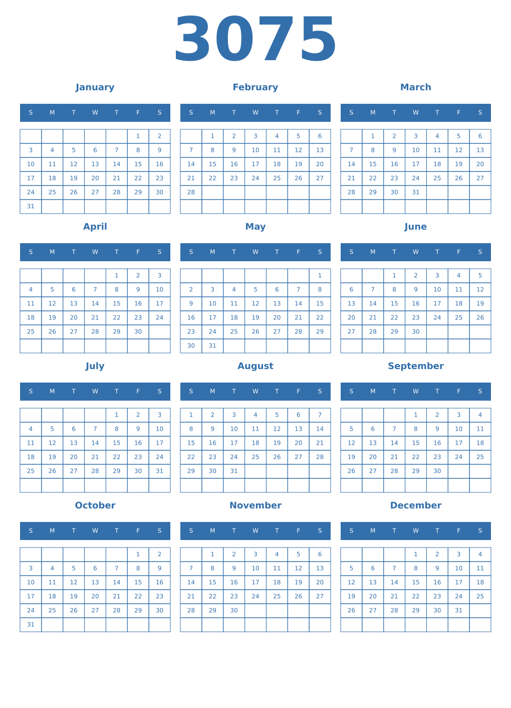 Printable 3075 Year Calendars blue