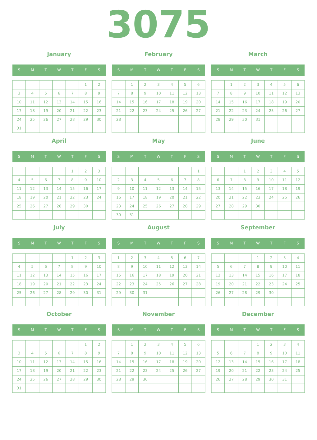 Printable 3075 Year Calendars celadon