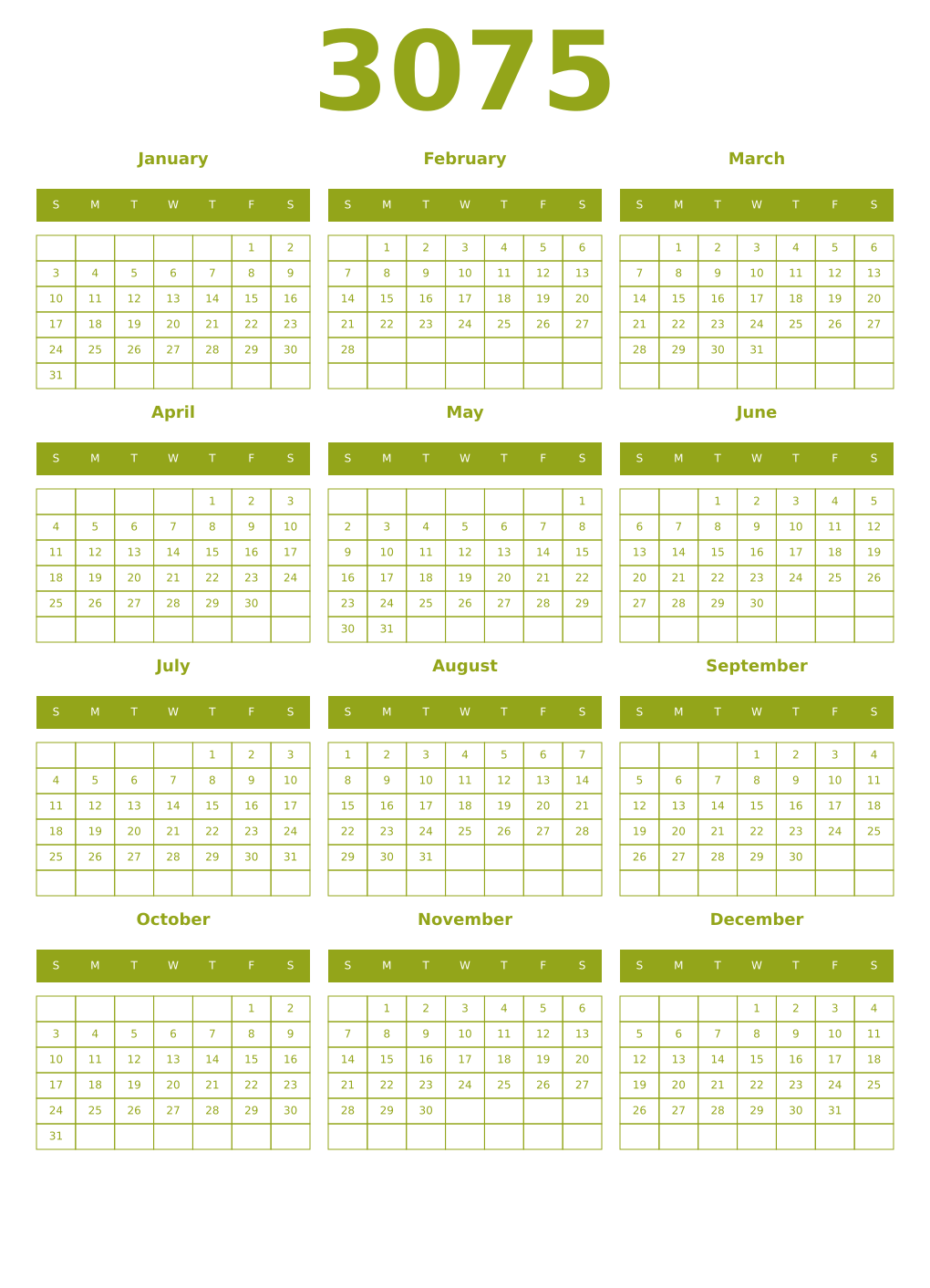 Printable 3075 Year Calendars chartreuse