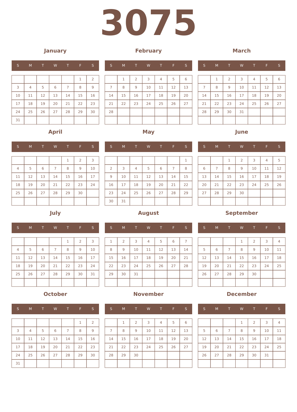 Printable 3075 Year Calendars coffe