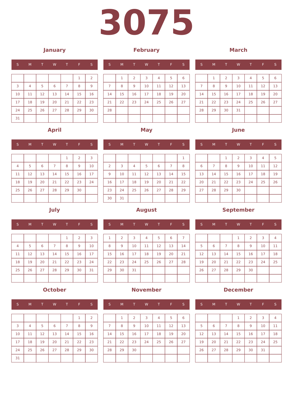 Printable 3075 Year Calendars cordovan