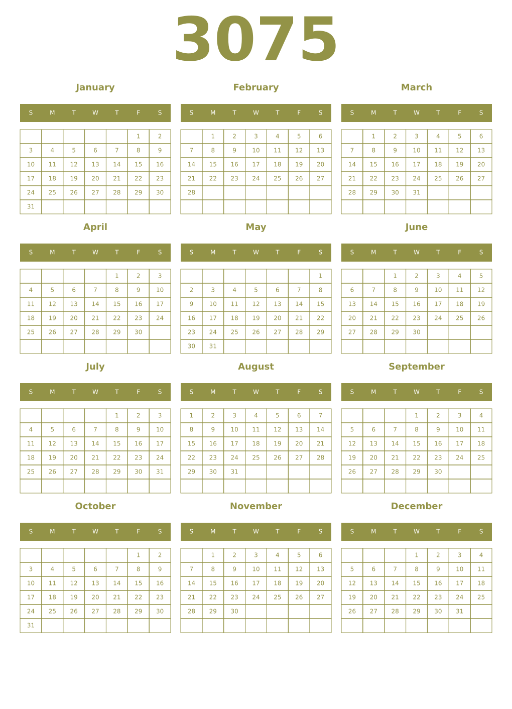 Printable 3075 Year Calendars eburnean