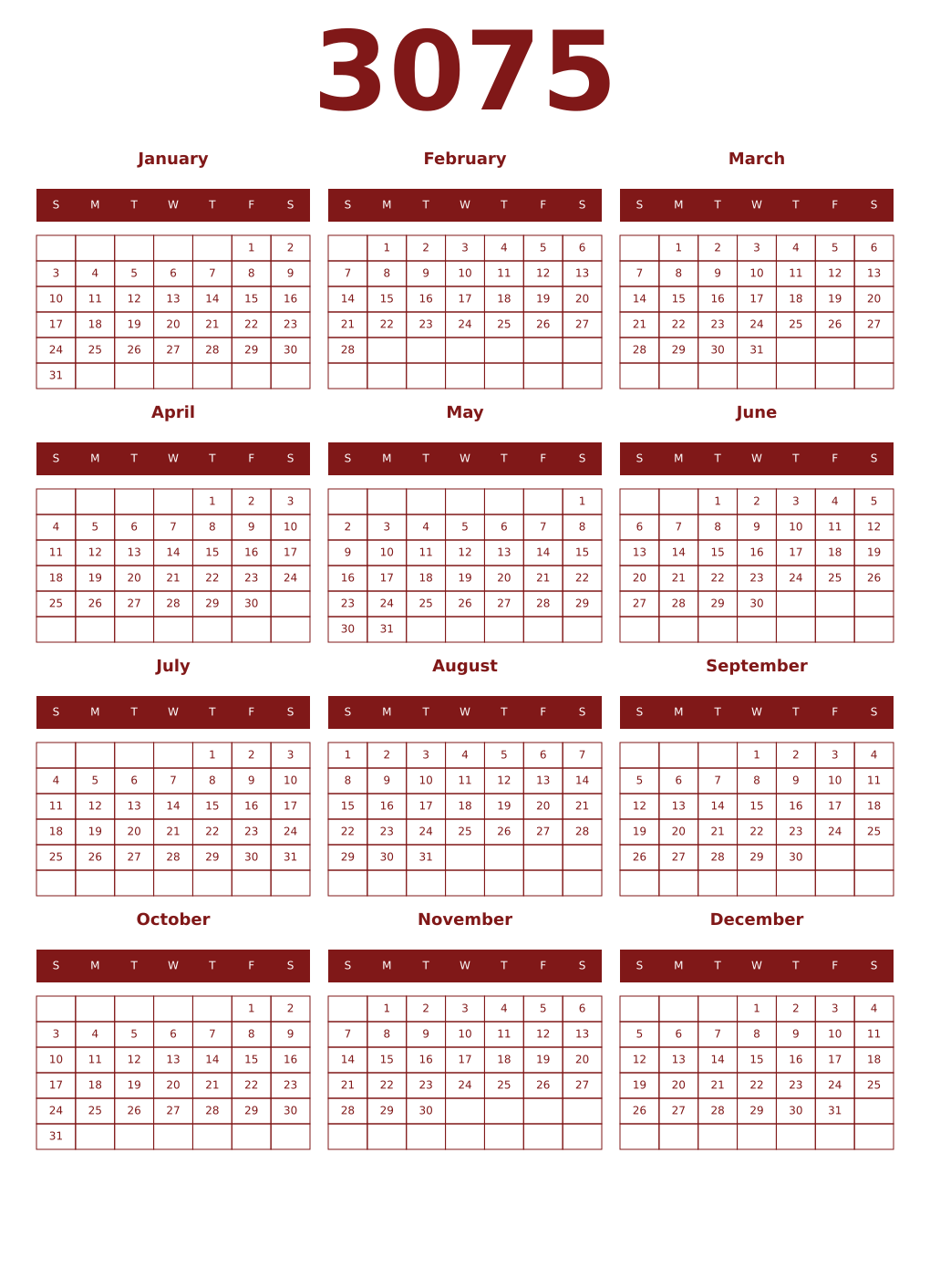 Printable 3075 Year Calendars falu