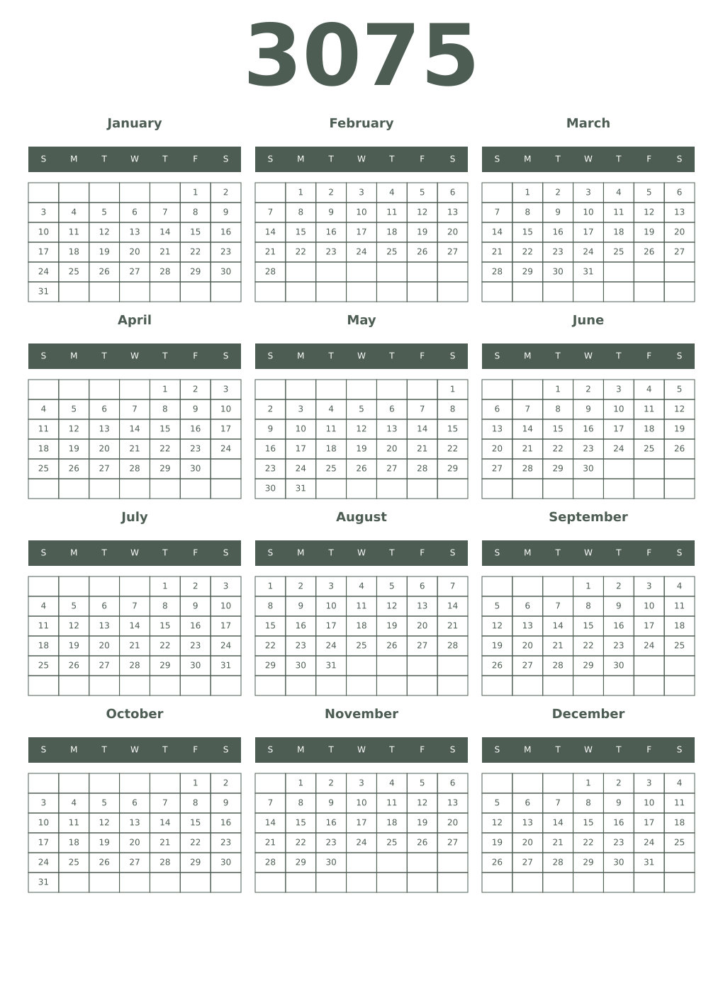 Printable 3075 Year Calendars feldgrau