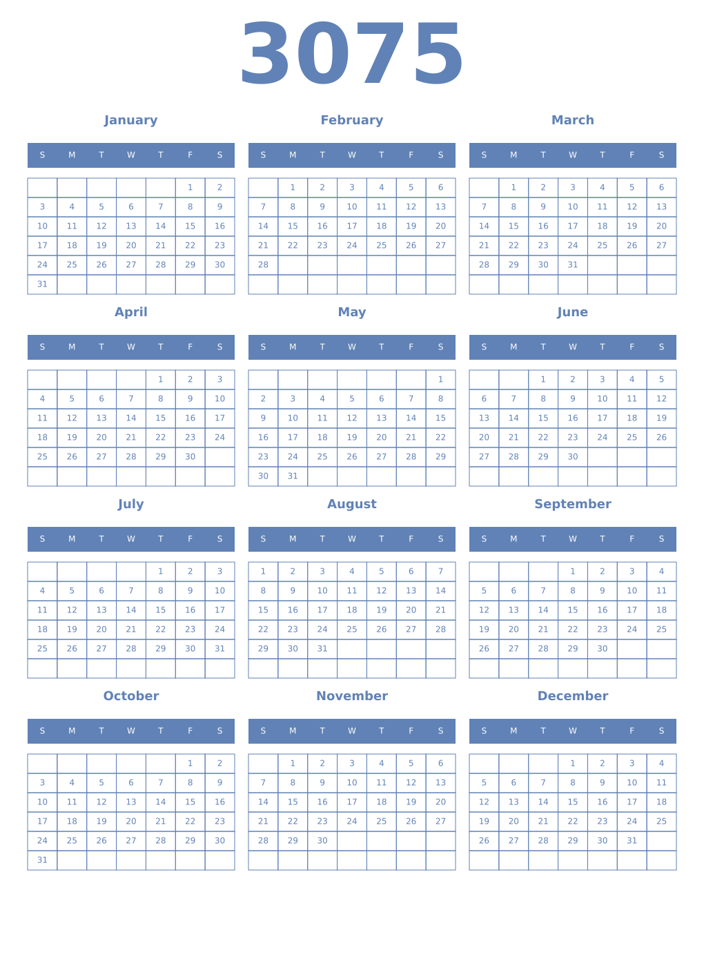 Printable 3075 Year Calendars glaucous