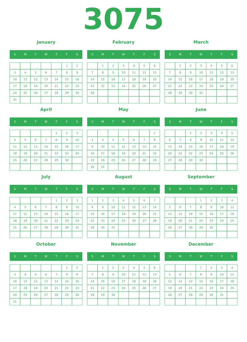 Printable 3075 Year Calendars green