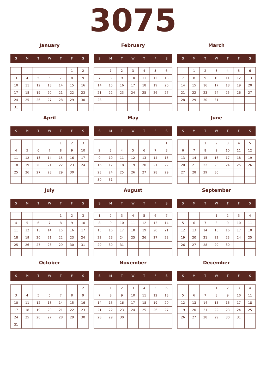 Printable 3075 Year Calendars mortuum