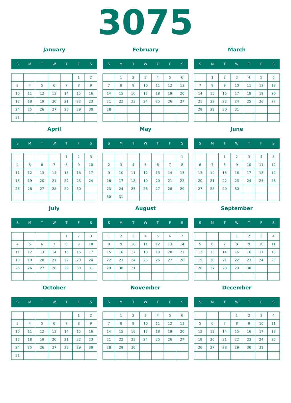 Printable 3075 Year Calendars pastel
