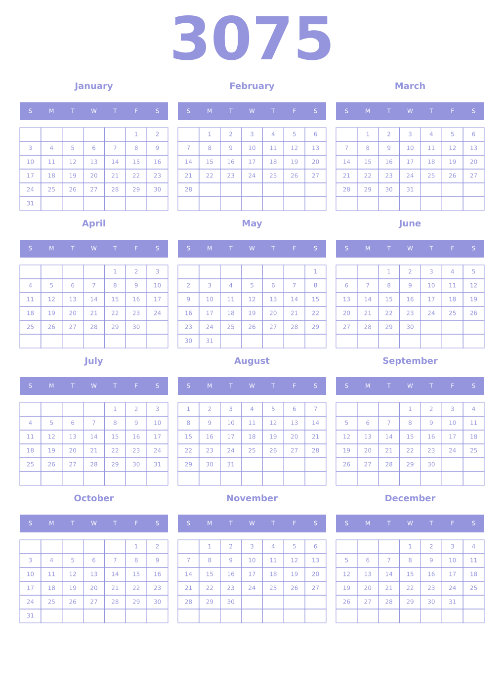 Printable 3075 Year Calendars periwinkle