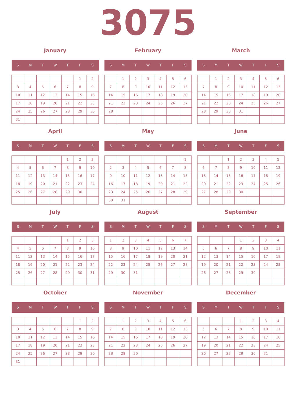 Printable 3075 Year Calendars puce