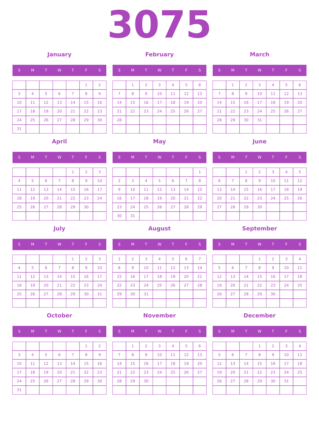 Printable 3075 Year Calendars purple