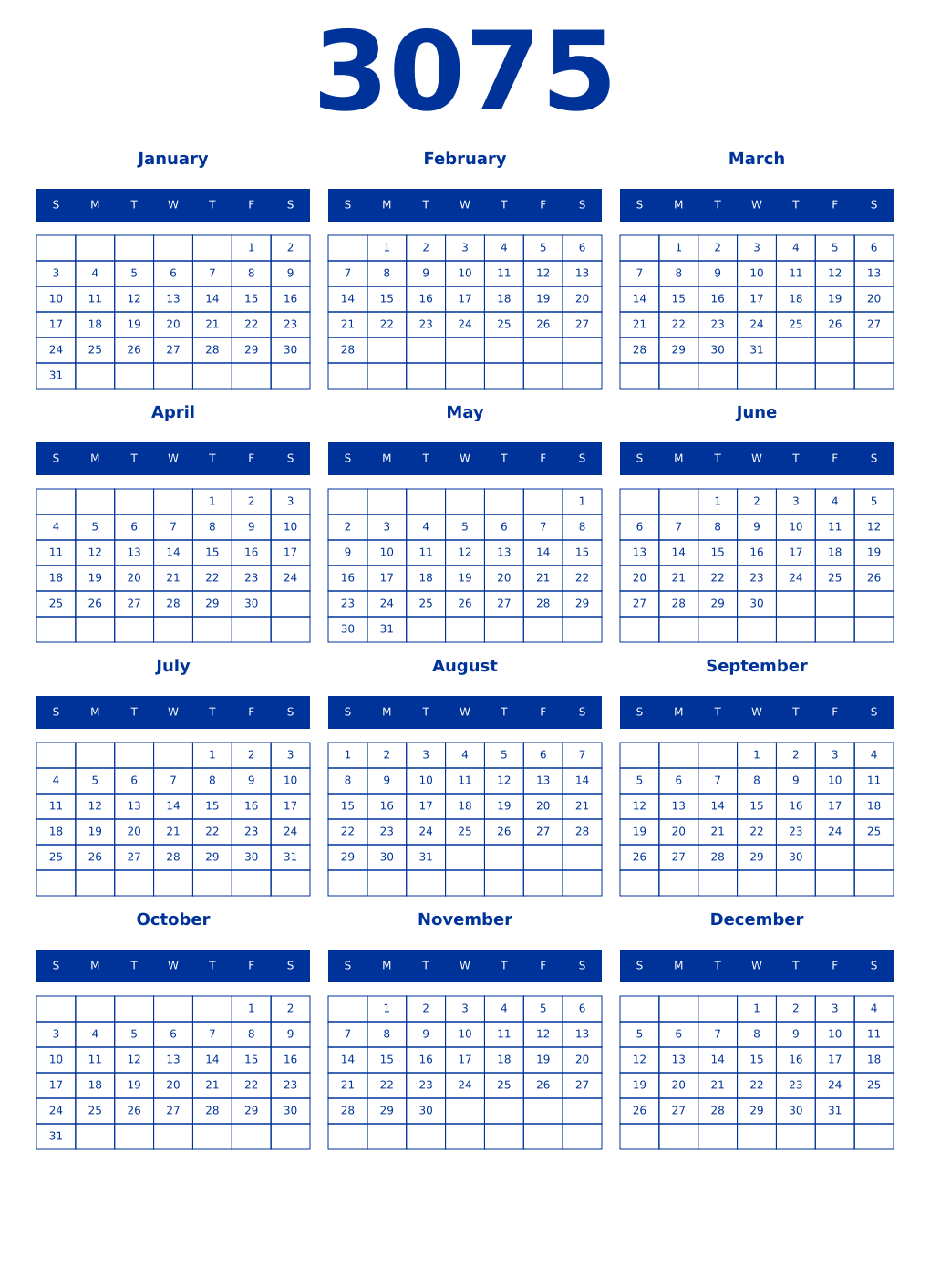 Printable 3075 Year Calendars smalt