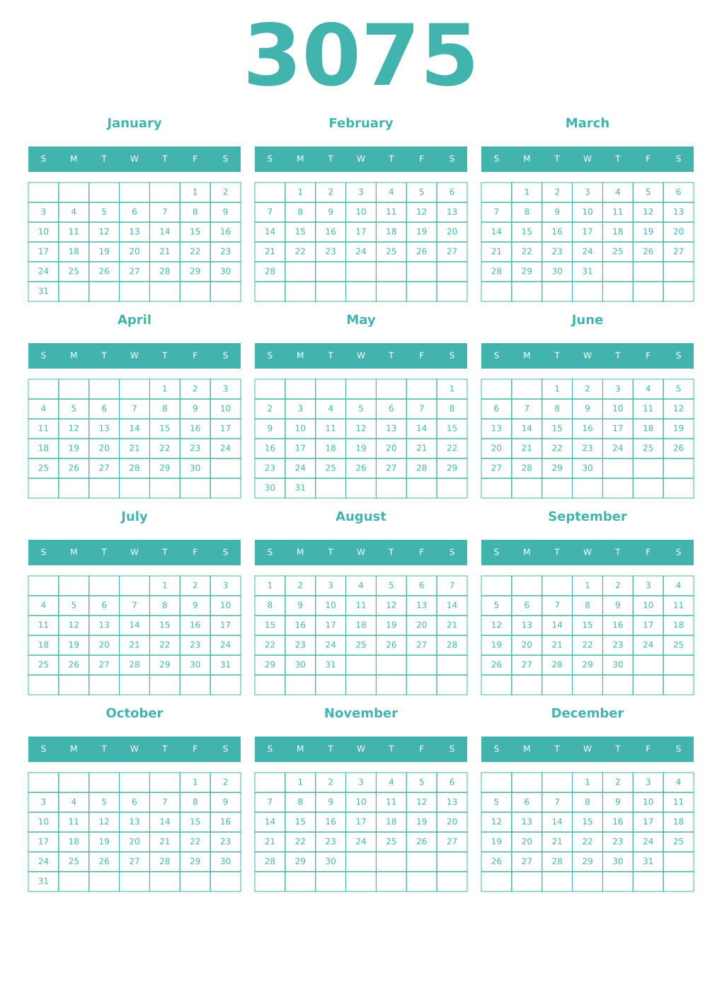 Printable 3075 Year Calendars verdigris