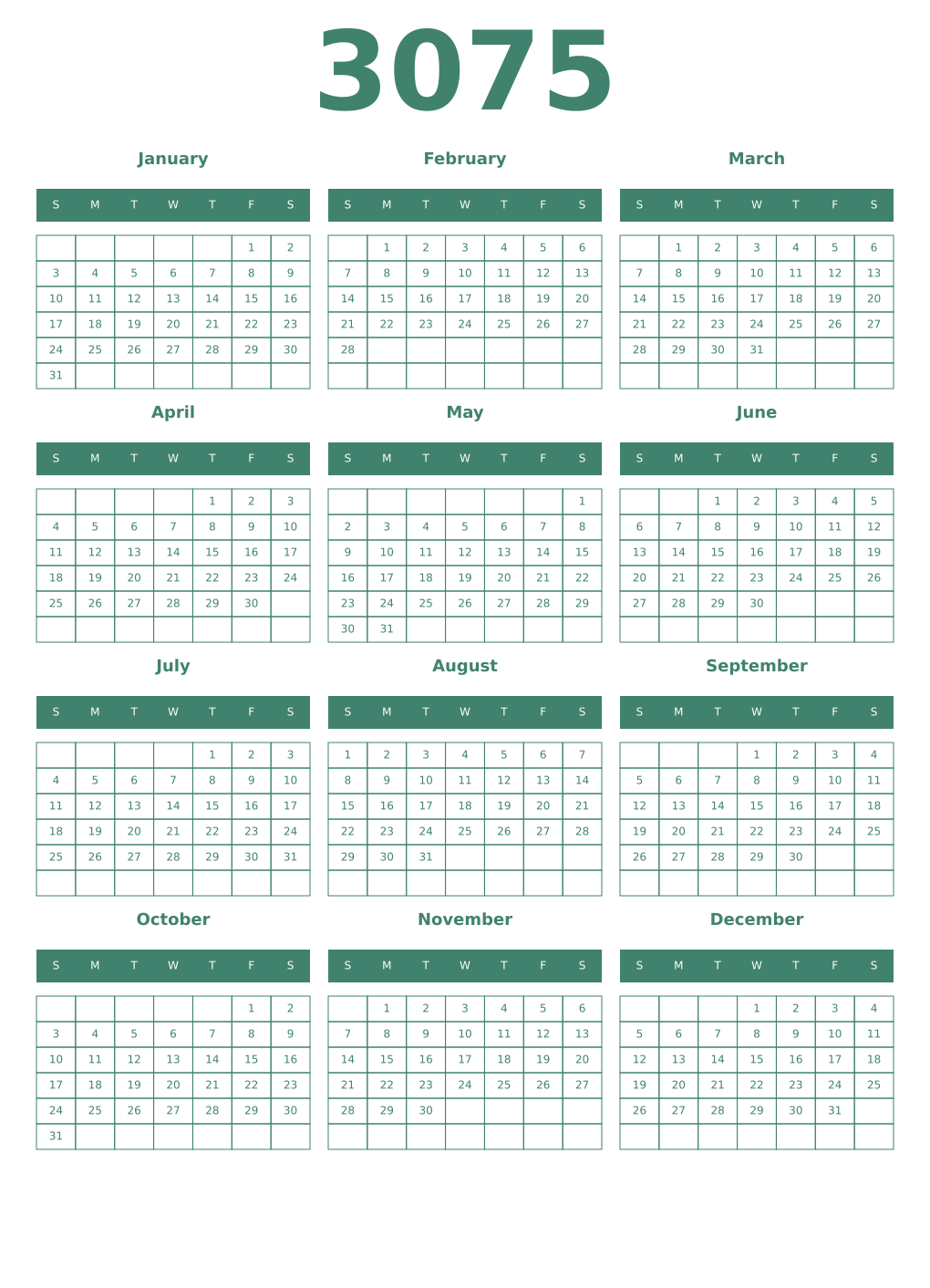 Printable 3075 Year Calendars viridian