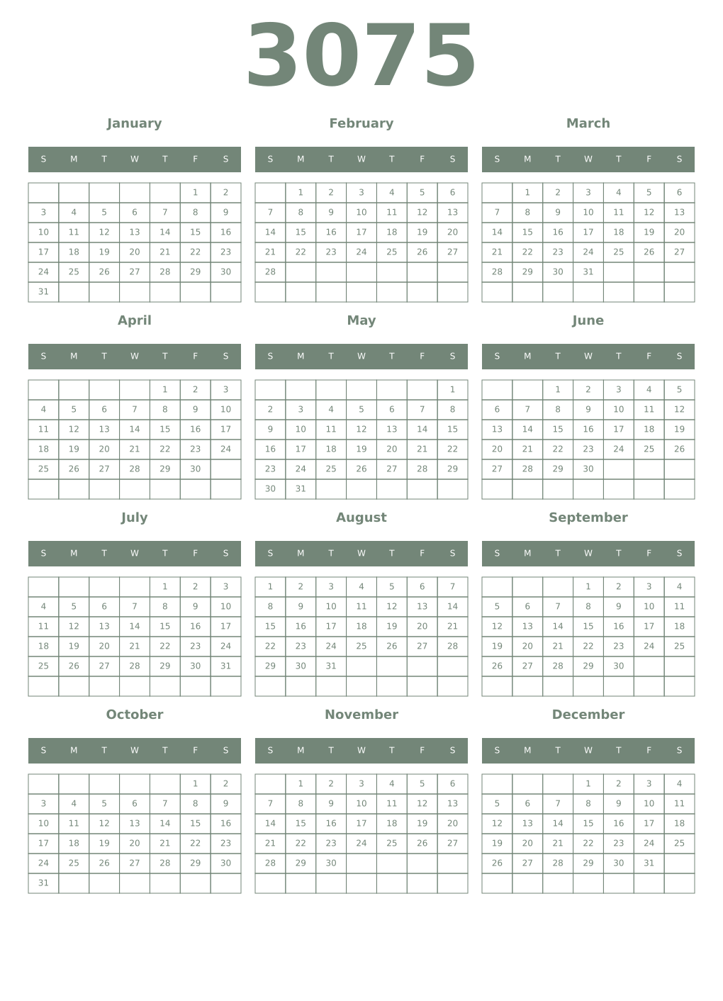 Printable 3075 Year Calendars xanadu