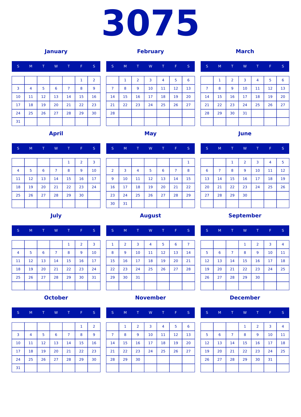 Printable 3075 Year Calendars zaffre
