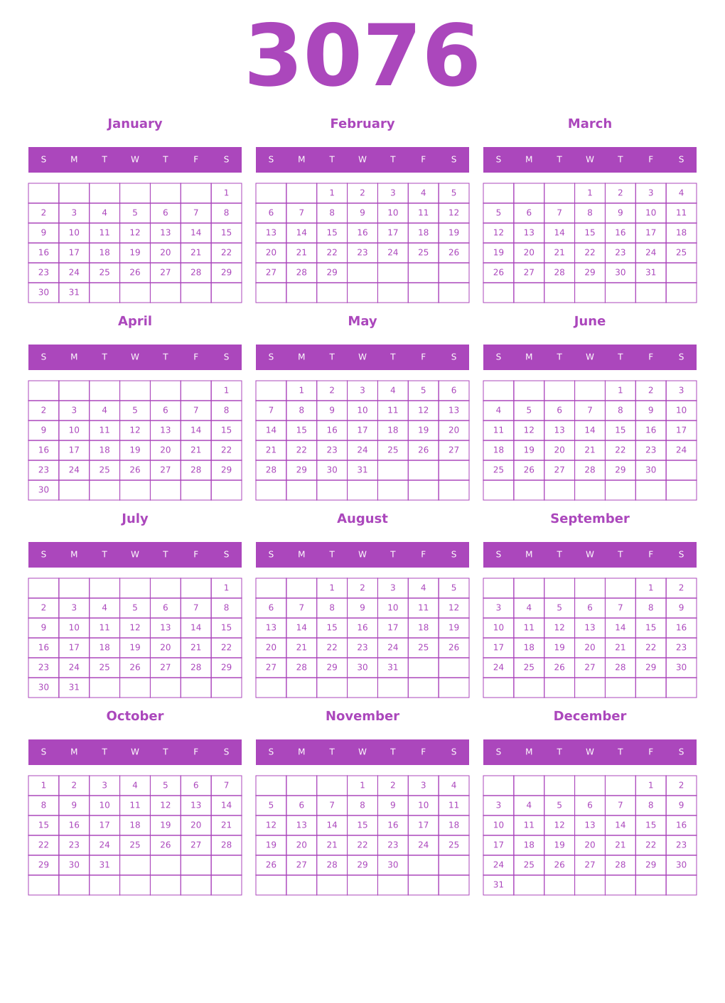 Printable 3076 Calendars