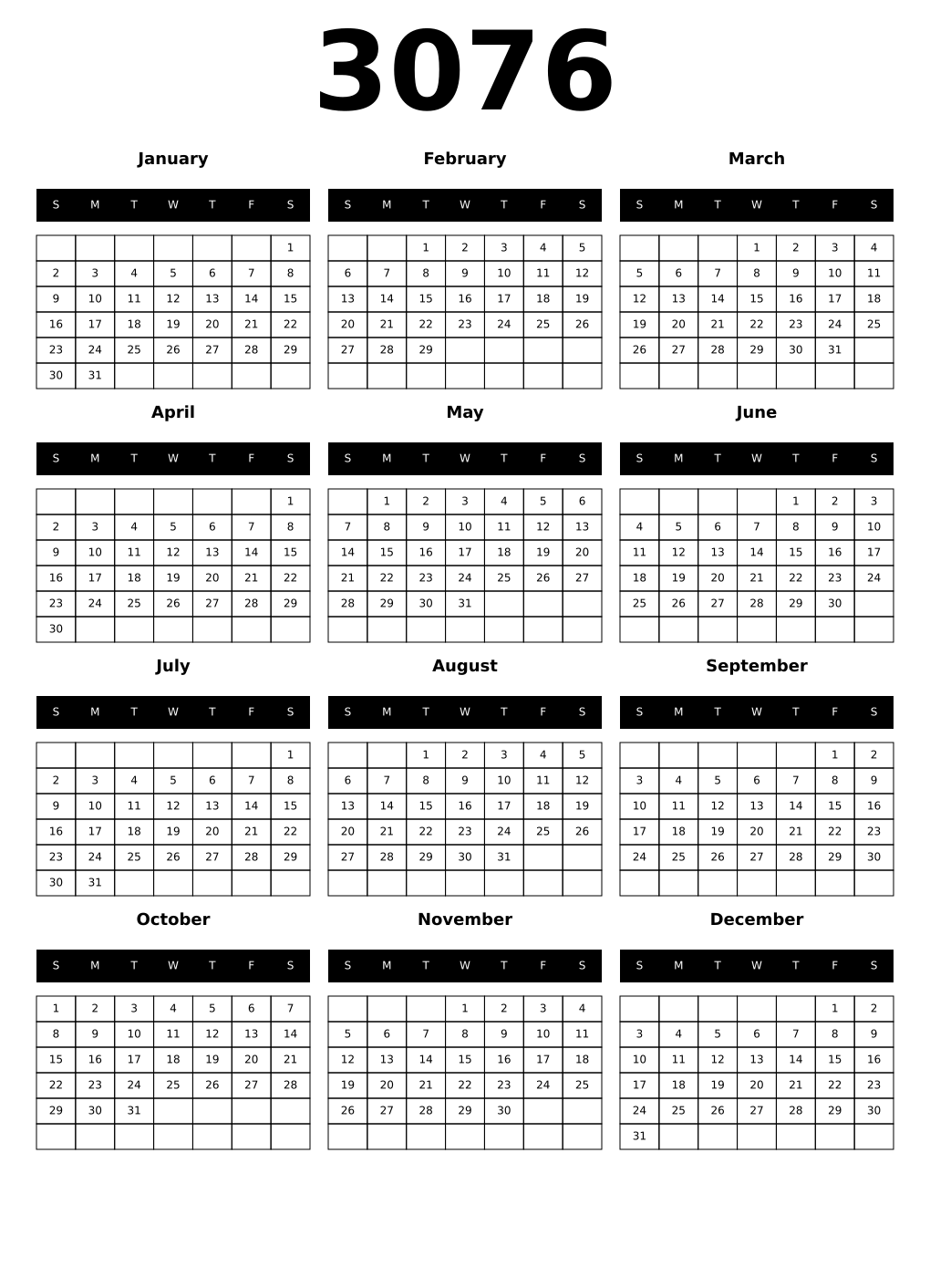 Printable 3076 Year Calendars black