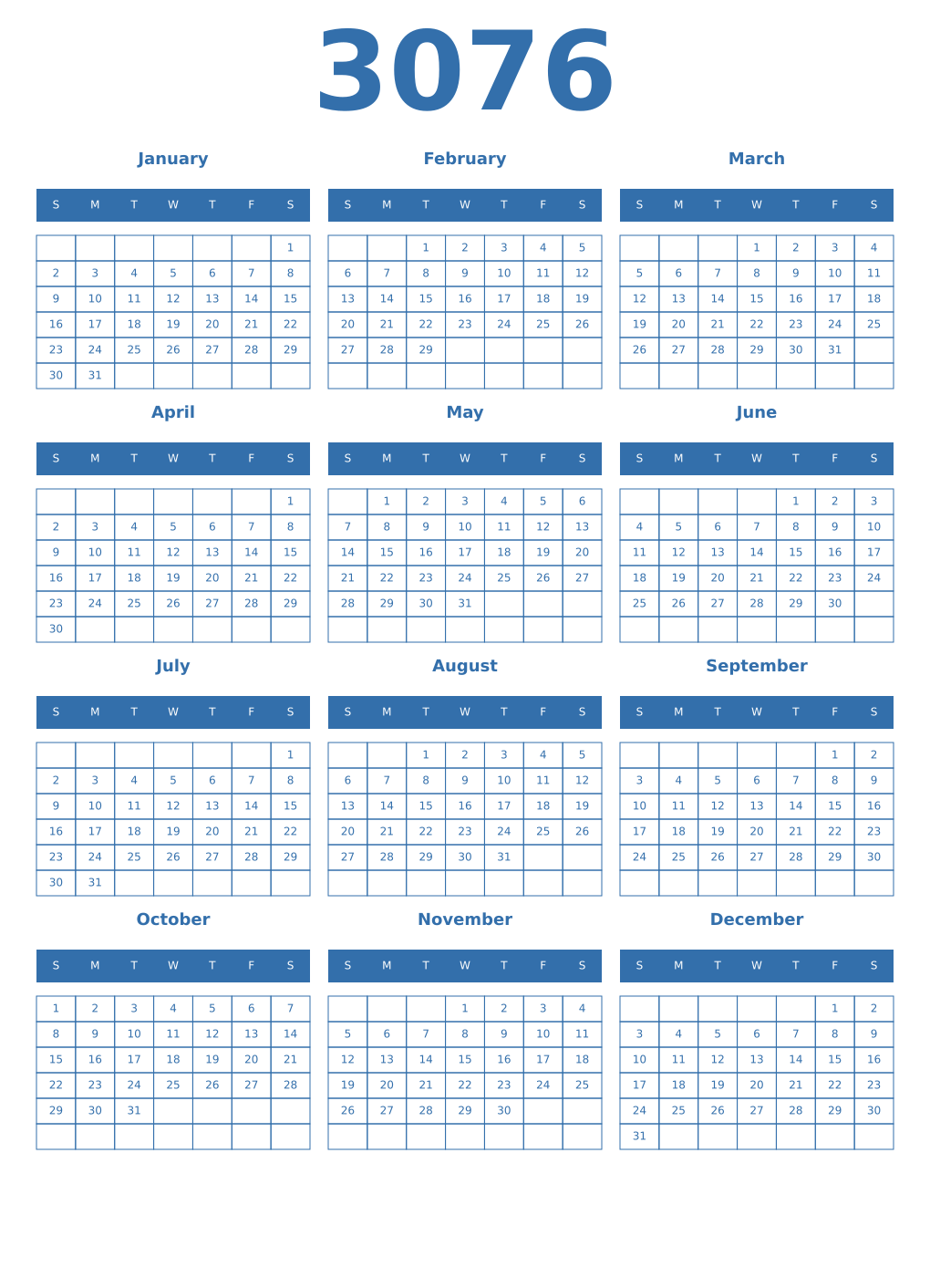 Printable 3076 Year Calendars blue