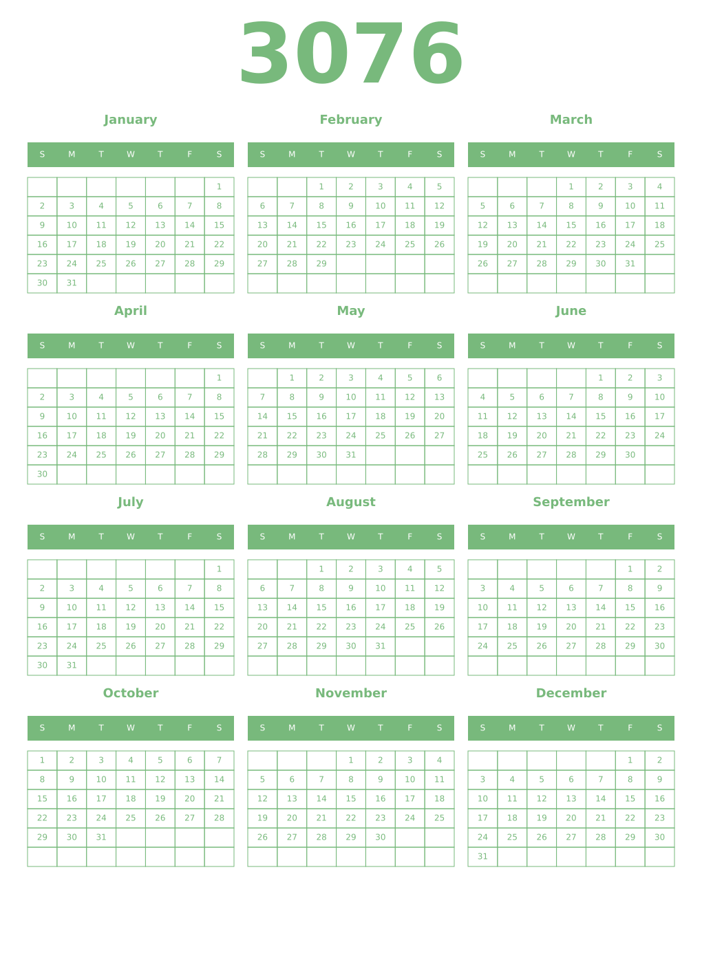 Printable 3076 Year Calendars celadon