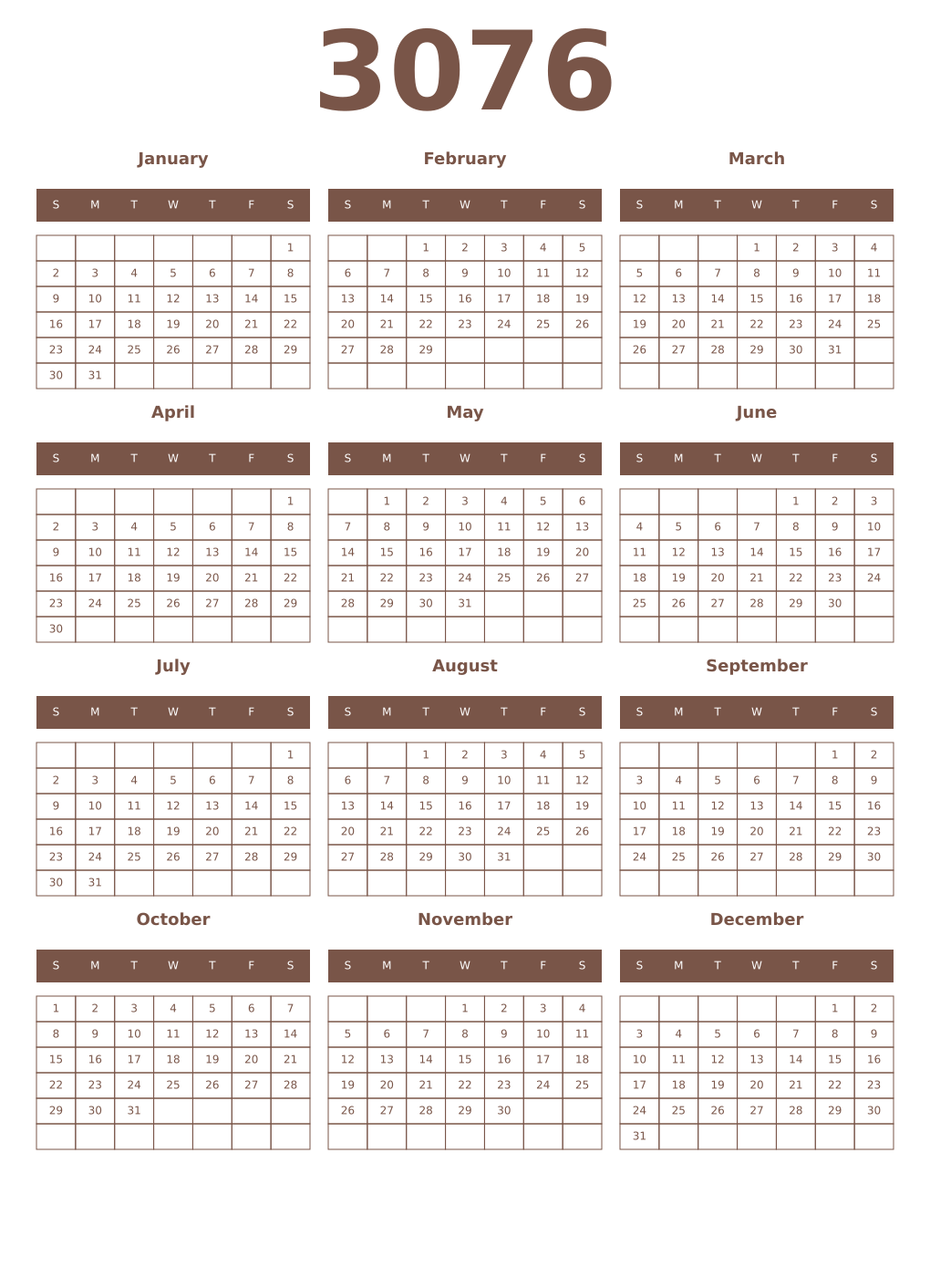 Printable 3076 Year Calendars coffe