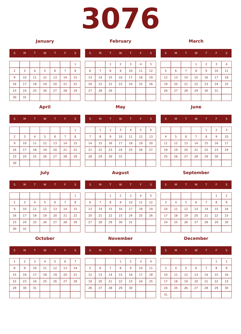 Printable 3076 Year Calendars falu
