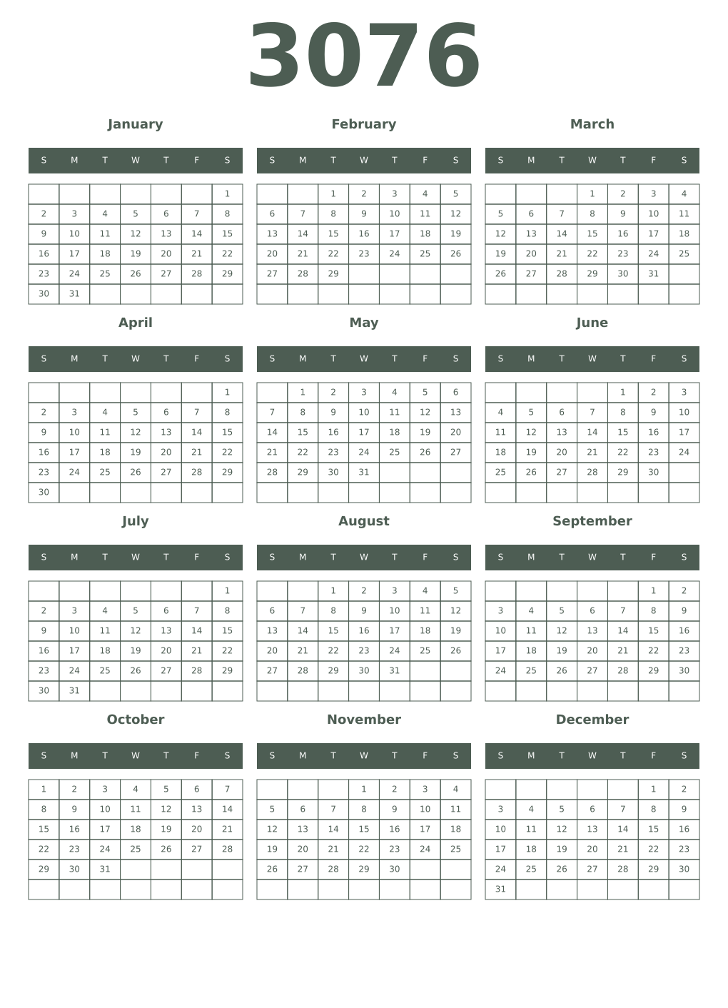 Printable 3076 Year Calendars feldgrau