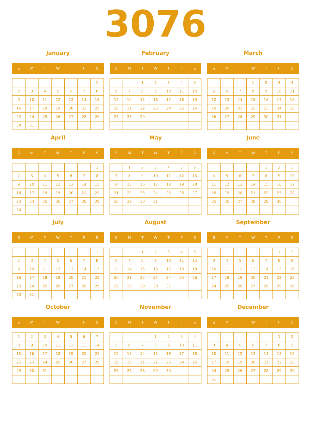 Printable 3076 Year Calendars gamboge
