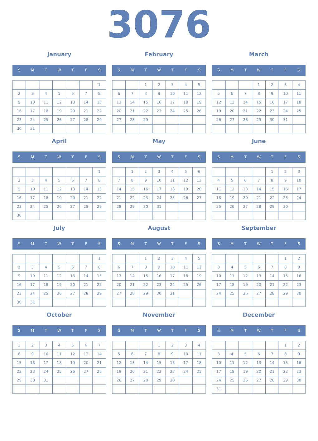 Printable 3076 Year Calendars glaucous
