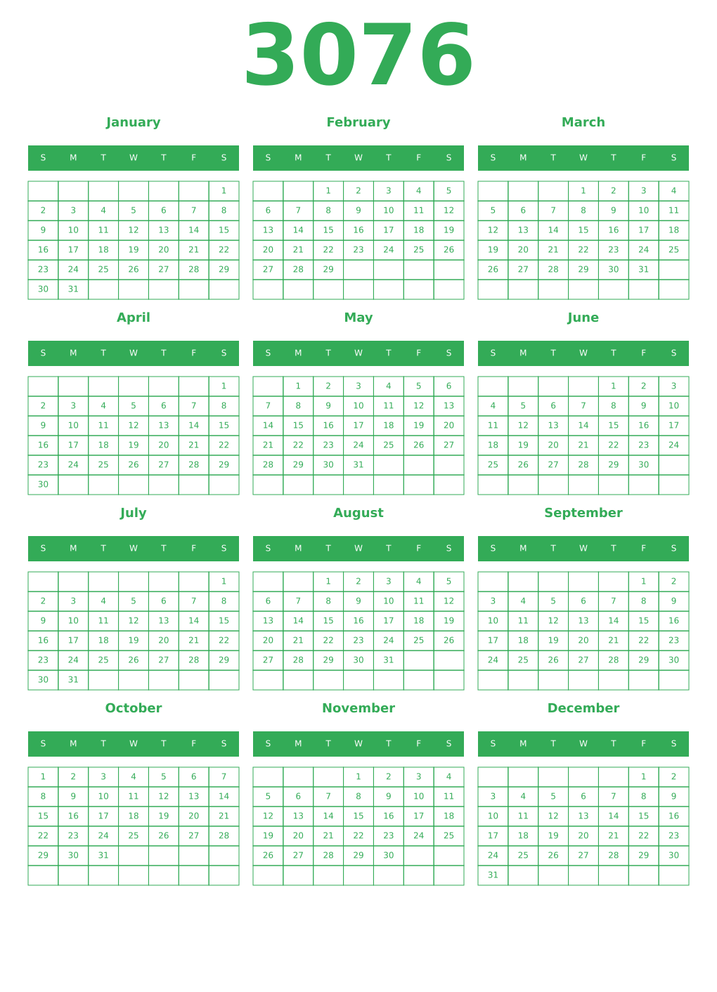 Printable 3076 Year Calendars green