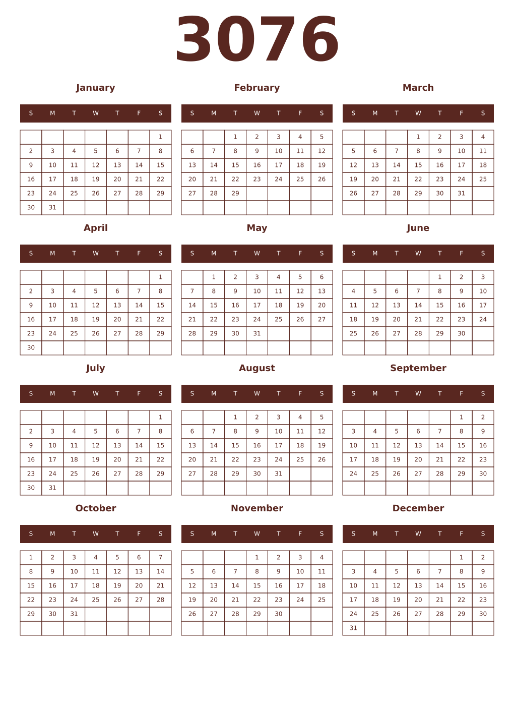 Printable 3076 Year Calendars mortuum