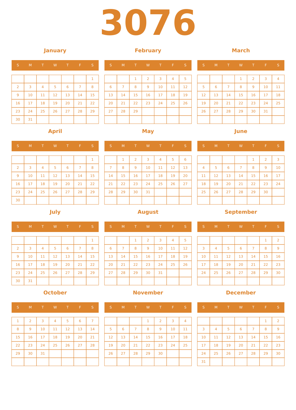 Printable 3076 Year Calendars orange