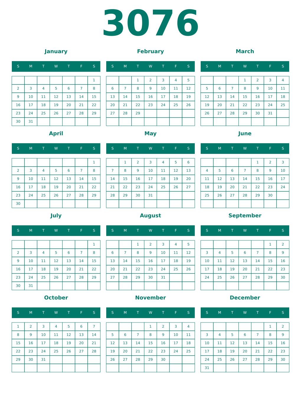 Printable 3076 Year Calendars pastel
