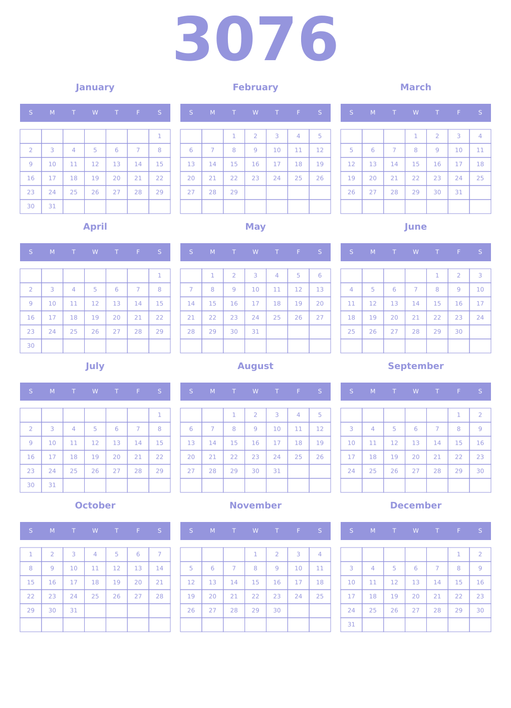 Printable 3076 Year Calendars periwinkle